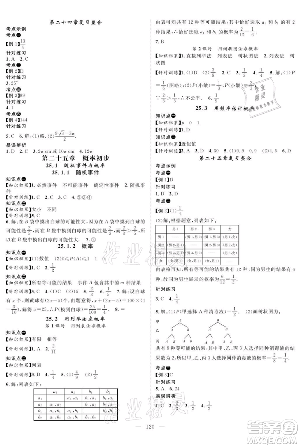 長(zhǎng)江少年兒童出版社2021優(yōu)質(zhì)課堂導(dǎo)學(xué)案九年級(jí)上冊(cè)數(shù)學(xué)人教版B課后作業(yè)參考答案