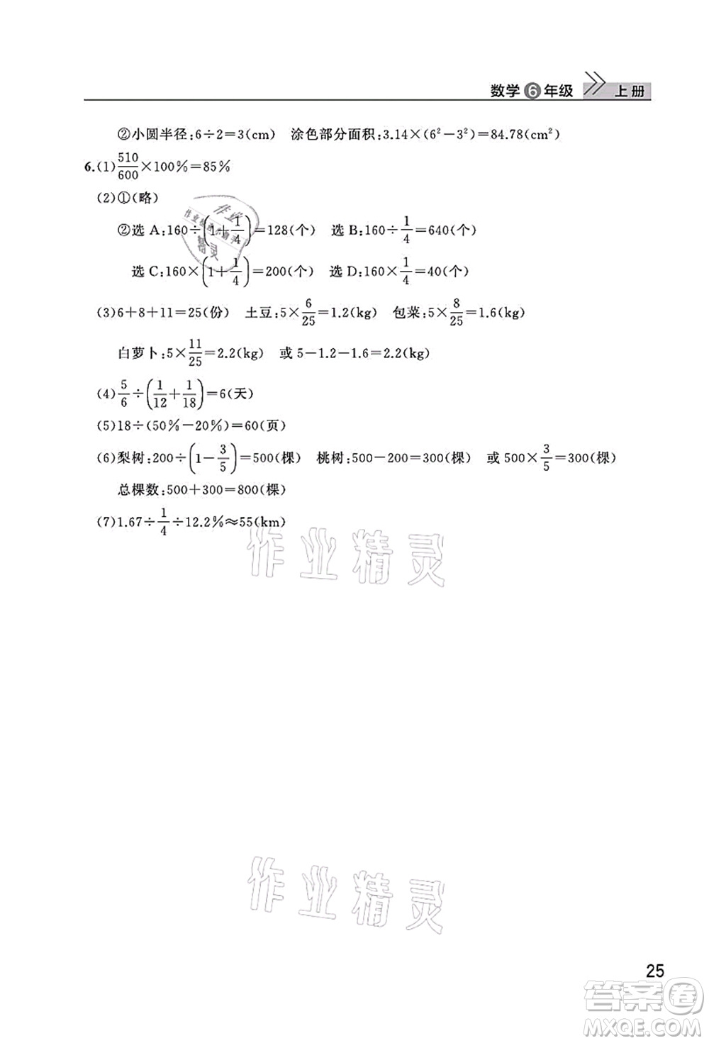 武漢出版社2021智慧學習天天向上課堂作業(yè)六年級數(shù)學上冊人教版答案