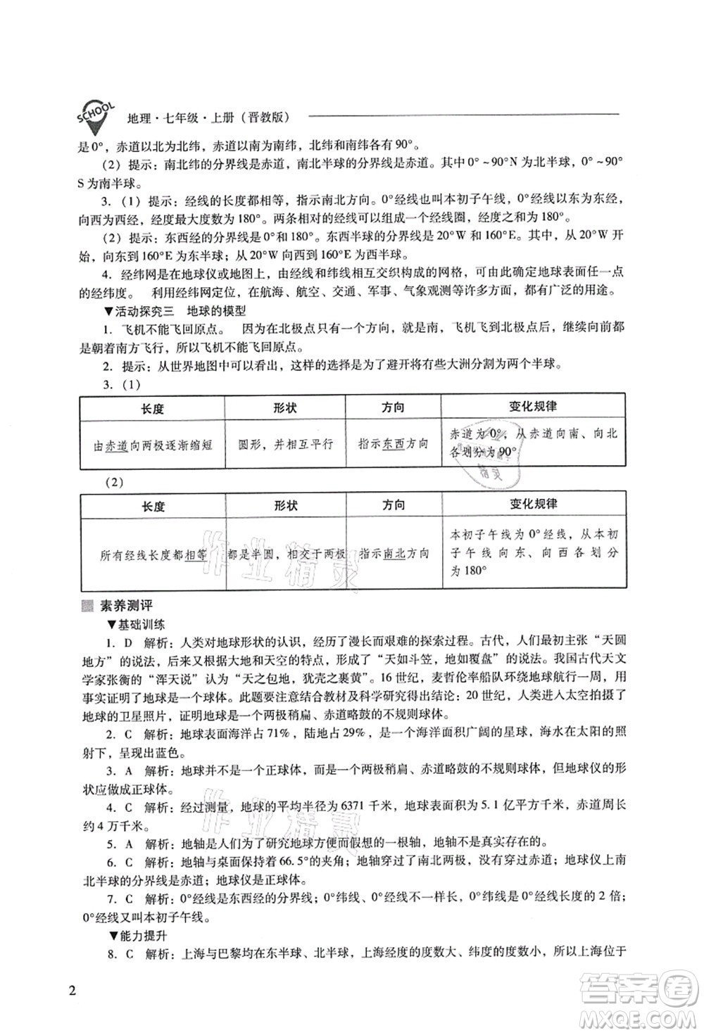 山西教育出版社2021新課程問題解決導(dǎo)學(xué)方案七年級(jí)地理上冊(cè)晉教版答案