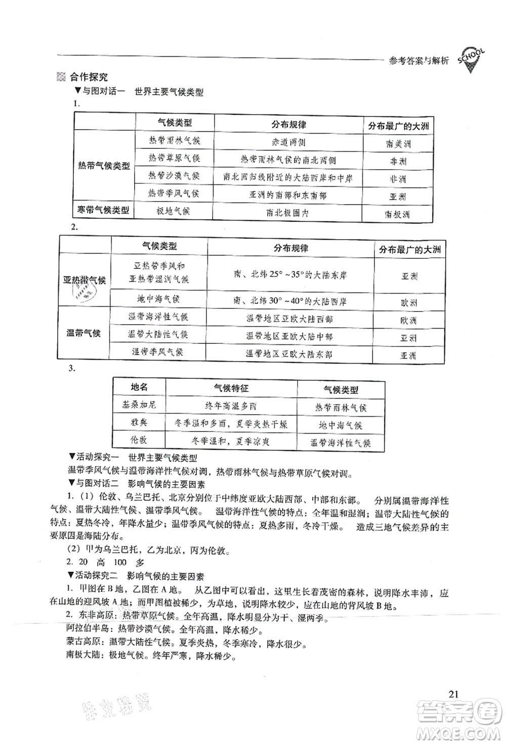 山西教育出版社2021新課程問題解決導(dǎo)學(xué)方案七年級(jí)地理上冊(cè)晉教版答案