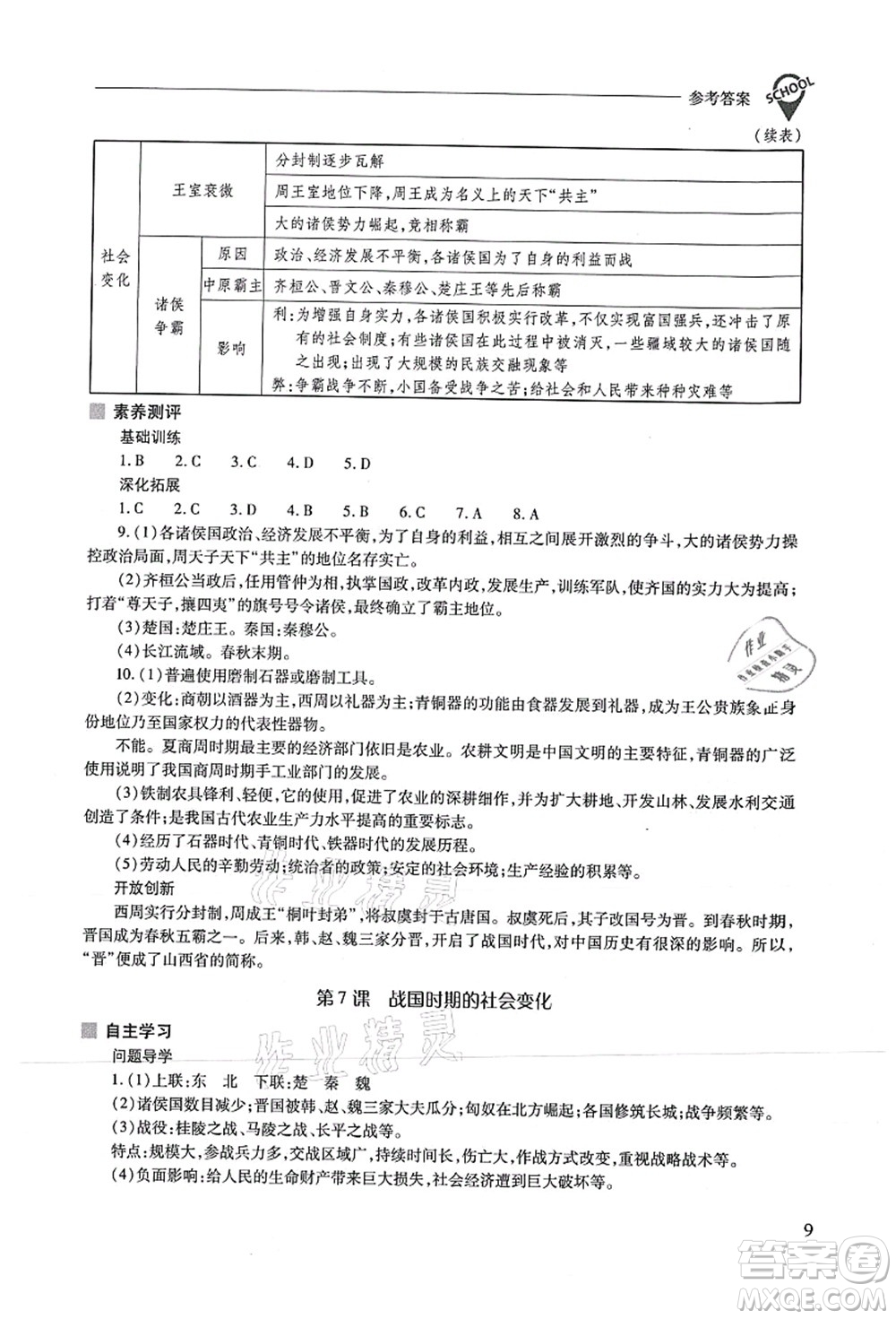 山西教育出版社2021新課程問(wèn)題解決導(dǎo)學(xué)方案七年級(jí)歷史上冊(cè)人教版答案