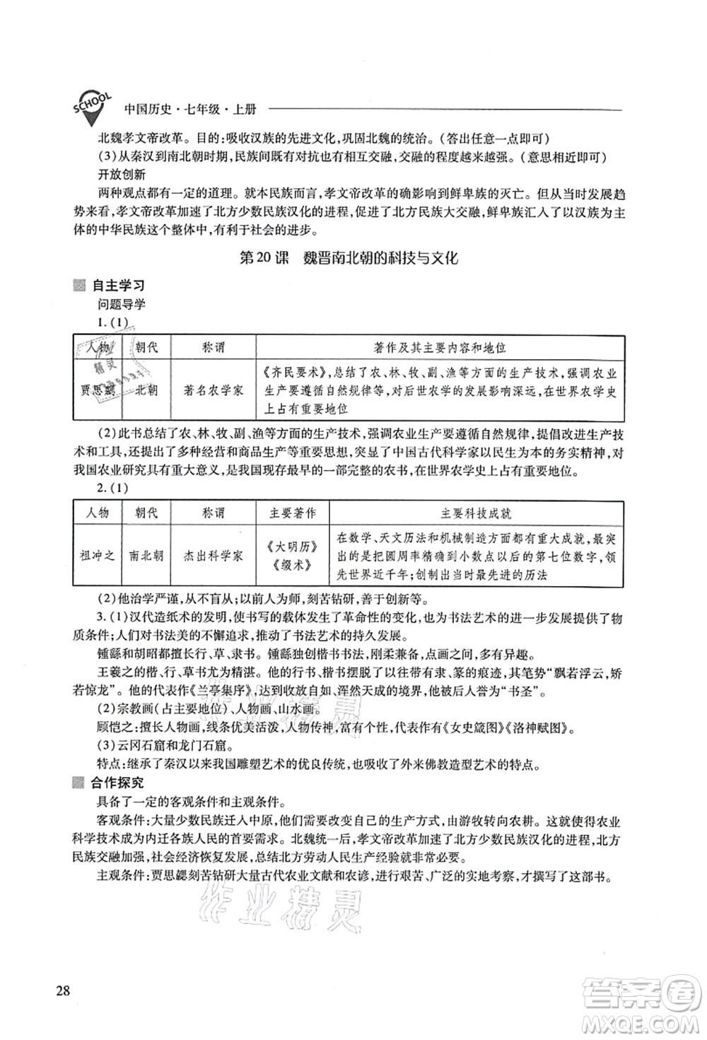 山西教育出版社2021新課程問(wèn)題解決導(dǎo)學(xué)方案七年級(jí)歷史上冊(cè)人教版答案