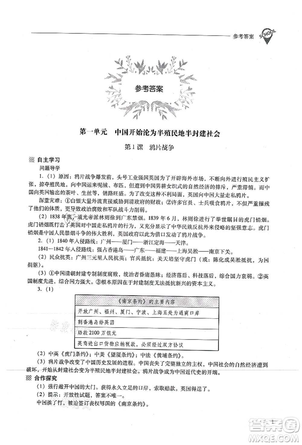 山西教育出版社2021新課程問(wèn)題解決導(dǎo)學(xué)方案八年級(jí)歷史上冊(cè)人教版答案