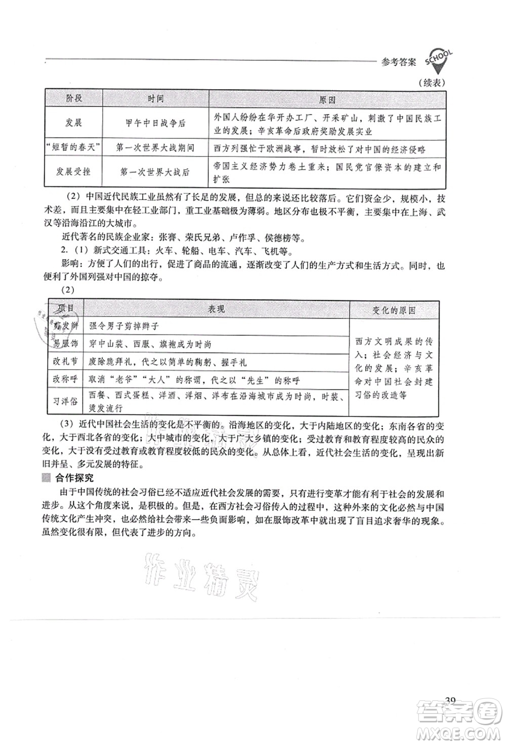 山西教育出版社2021新課程問(wèn)題解決導(dǎo)學(xué)方案八年級(jí)歷史上冊(cè)人教版答案