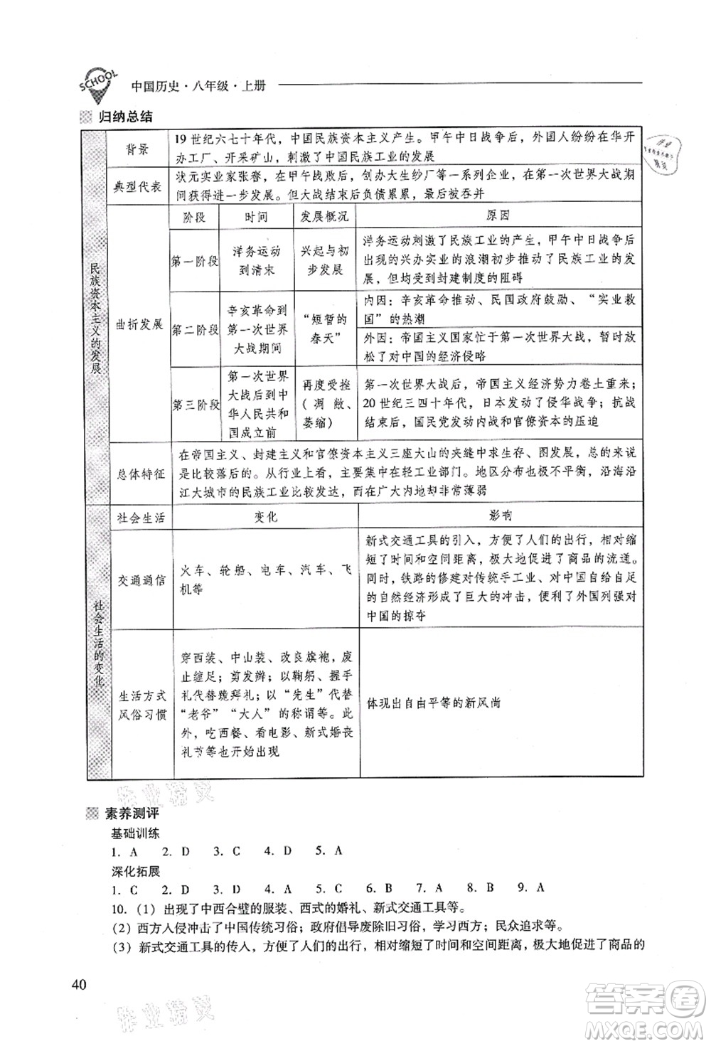 山西教育出版社2021新課程問(wèn)題解決導(dǎo)學(xué)方案八年級(jí)歷史上冊(cè)人教版答案