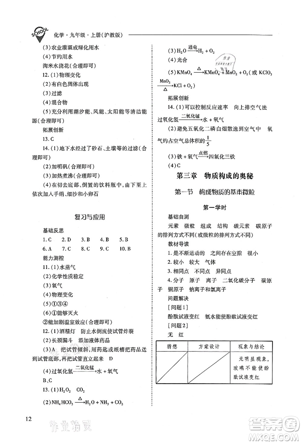 山西教育出版社2021新課程問題解決導(dǎo)學(xué)方案九年級(jí)化學(xué)上冊(cè)滬教版答案