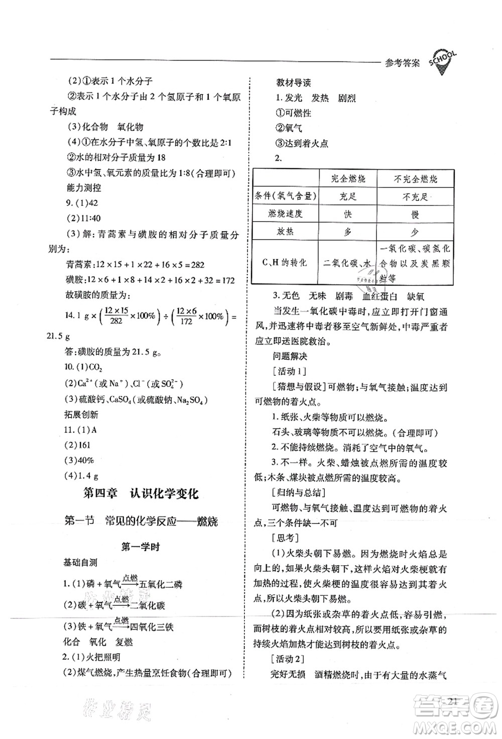 山西教育出版社2021新課程問題解決導(dǎo)學(xué)方案九年級(jí)化學(xué)上冊(cè)滬教版答案