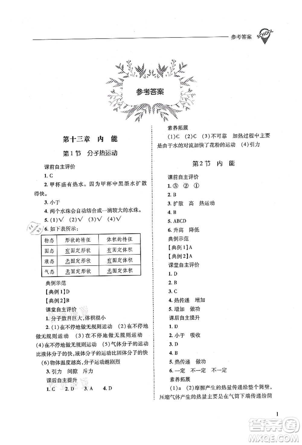 山西教育出版社2021新課程問題解決導(dǎo)學(xué)方案九年級(jí)物理全一冊(cè)人教版答案