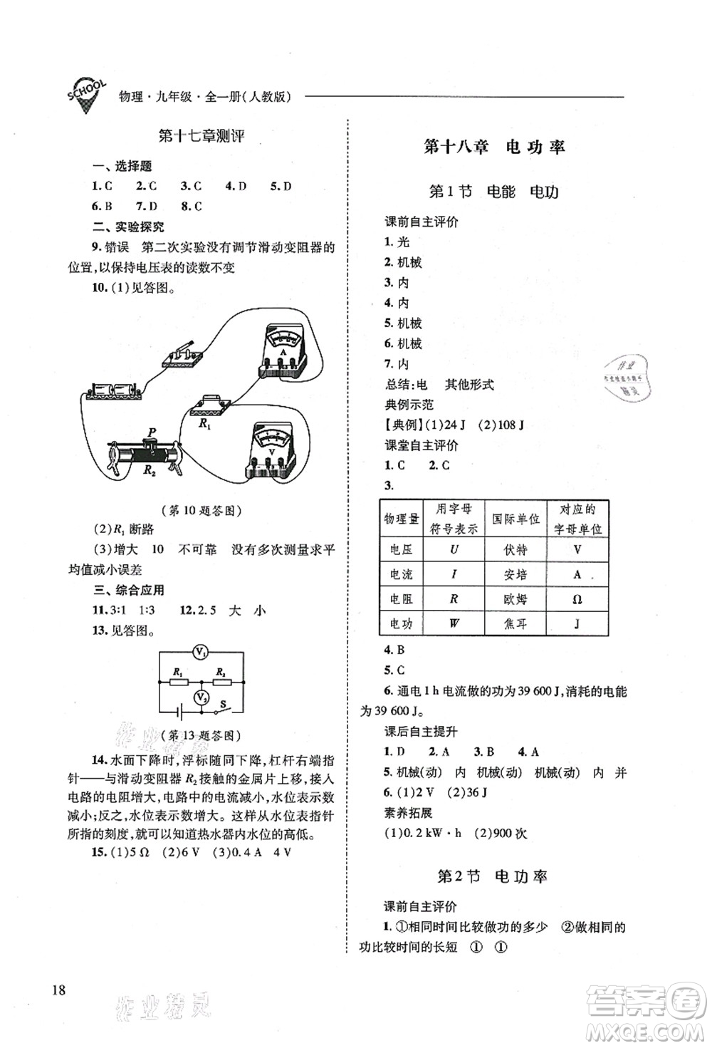 山西教育出版社2021新課程問題解決導(dǎo)學(xué)方案九年級(jí)物理全一冊(cè)人教版答案