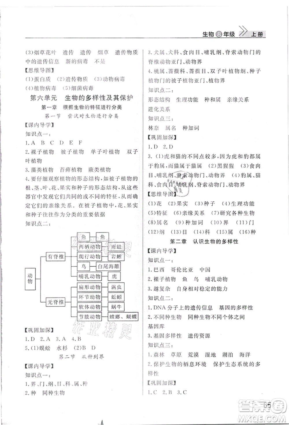 武漢出版社2021智慧學(xué)習(xí)天天向上課堂作業(yè)八年級(jí)生物上冊(cè)人教版答案