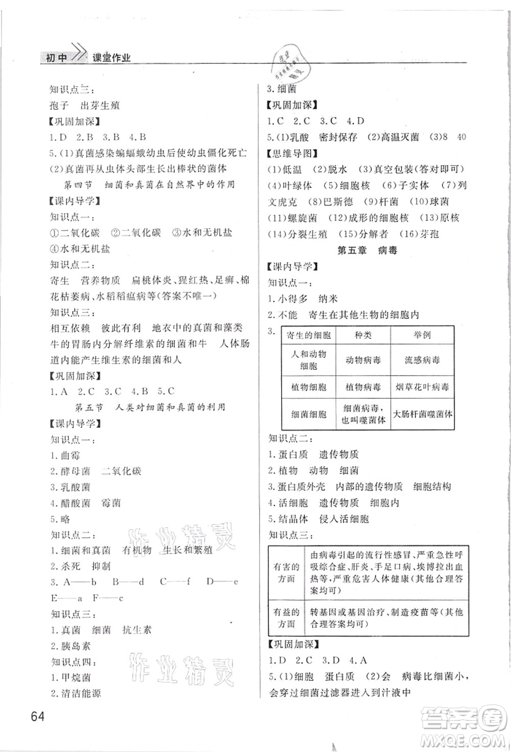 武漢出版社2021智慧學(xué)習(xí)天天向上課堂作業(yè)八年級(jí)生物上冊(cè)人教版答案