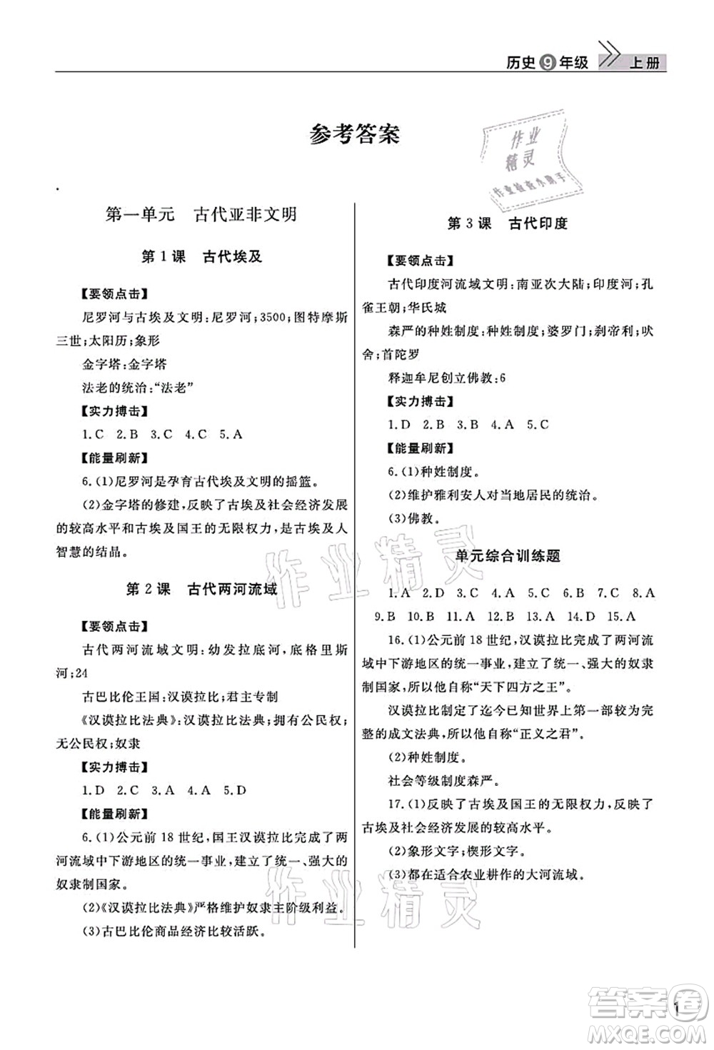 武漢出版社2021智慧學(xué)習(xí)天天向上課堂作業(yè)九年級歷史上冊人教版答案