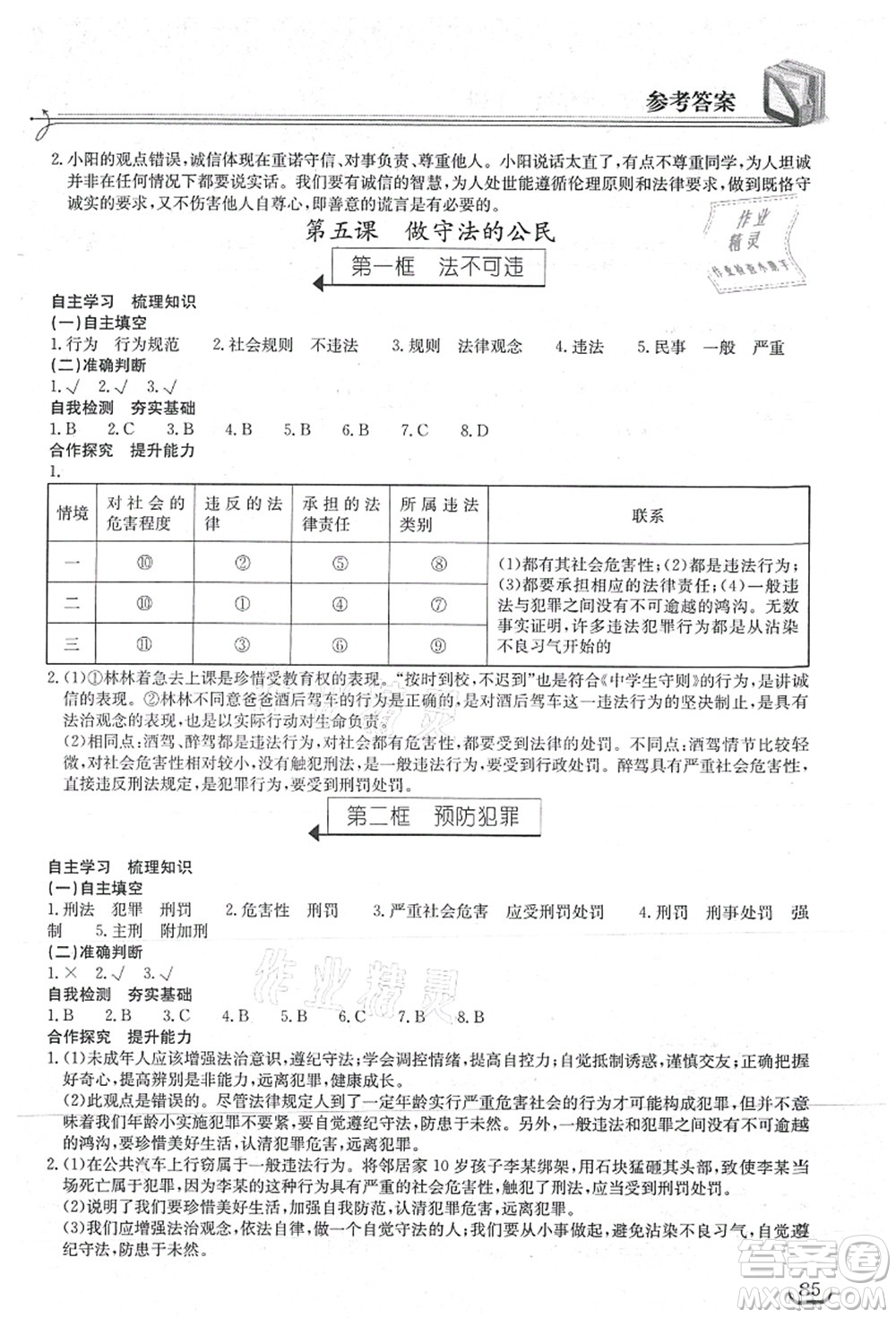 湖北教育出版社2021長(zhǎng)江作業(yè)本同步練習(xí)冊(cè)八年級(jí)道德與法治上冊(cè)人教版答案