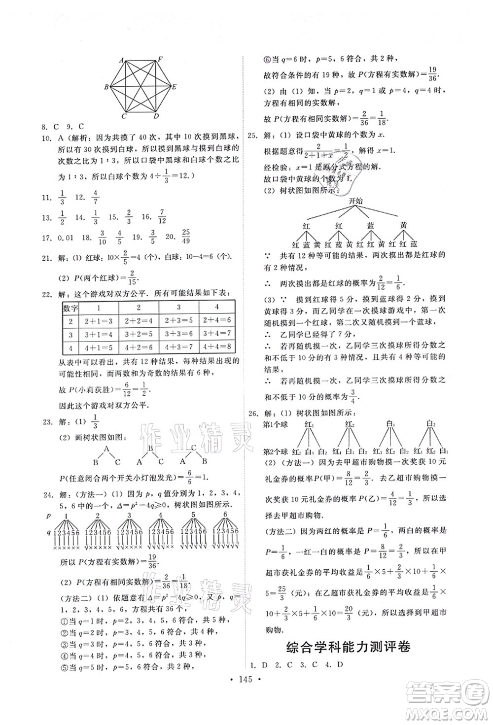 人民教育出版社2021能力培養(yǎng)與測(cè)試九年級(jí)數(shù)學(xué)上冊(cè)人教版答案