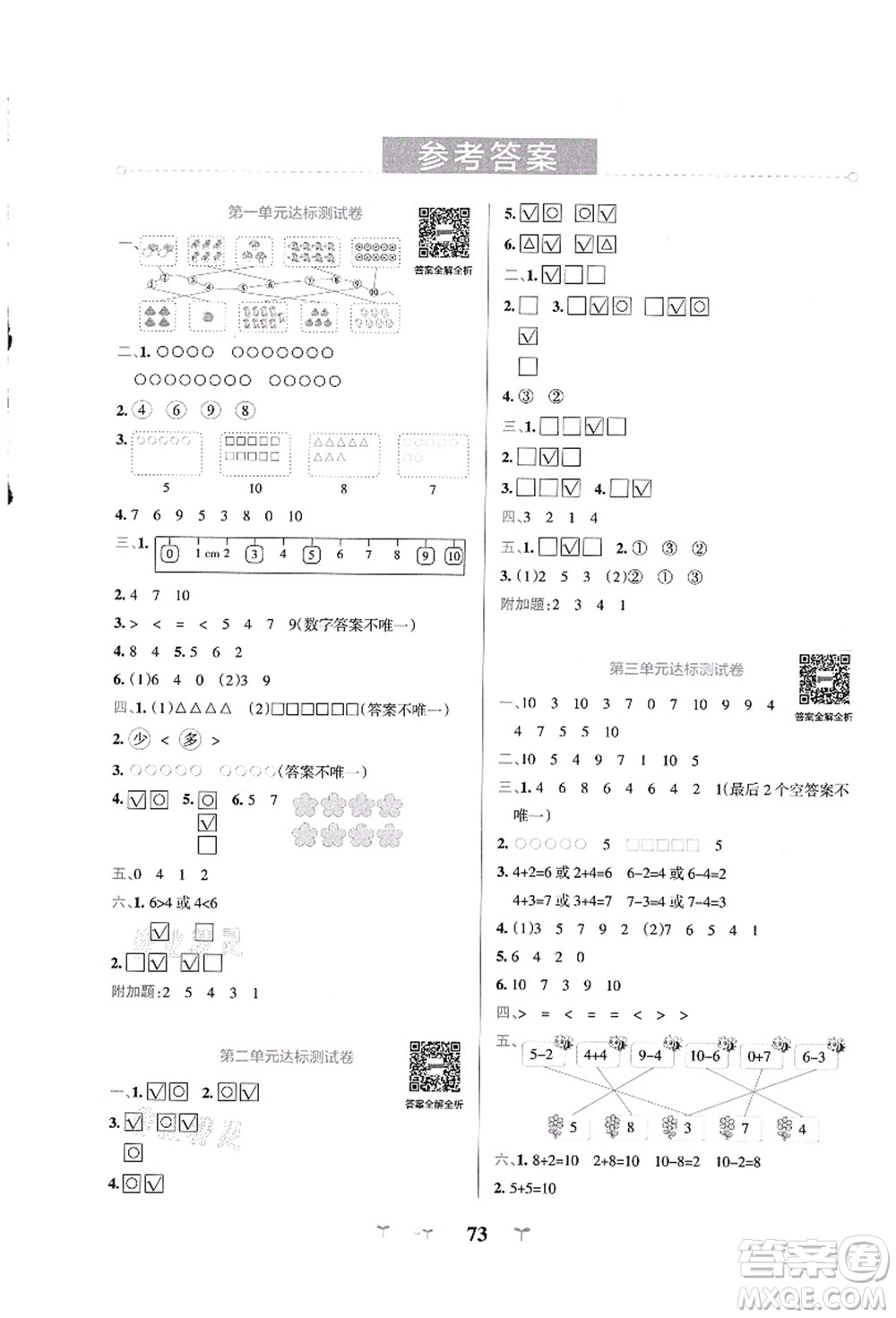 陜西師范大學(xué)出版總社有限公司2021小學(xué)學(xué)霸沖A卷一年級數(shù)學(xué)上冊BS北師版答案