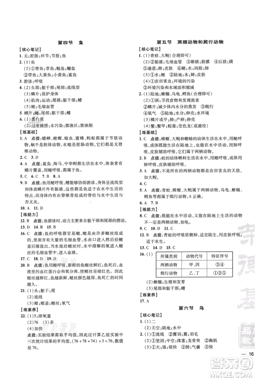 吉林教育出版社2021點撥訓練課時作業(yè)本八年級上冊生物人教版參考答案