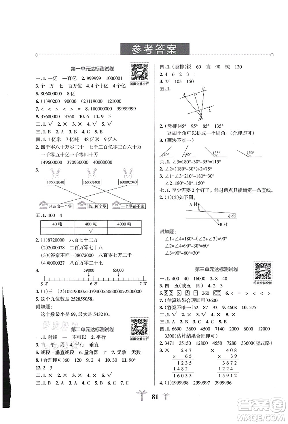 陜西師范大學(xué)出版總社有限公司2021小學(xué)學(xué)霸沖A卷四年級數(shù)學(xué)上冊BS北師版答案