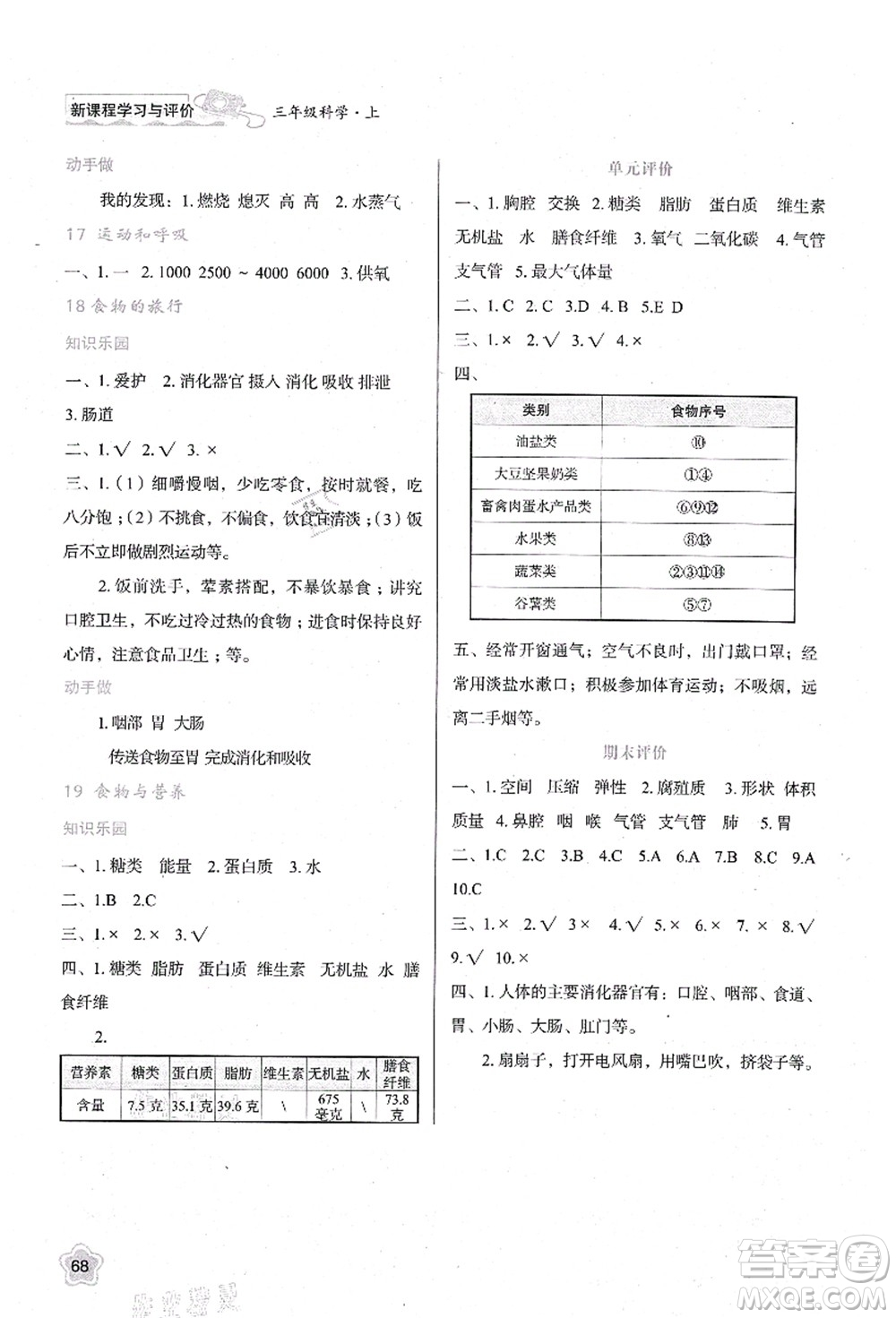 陜西人民教育出版社2021新課程學習與評價三年級科學上冊B版蘇教版答案