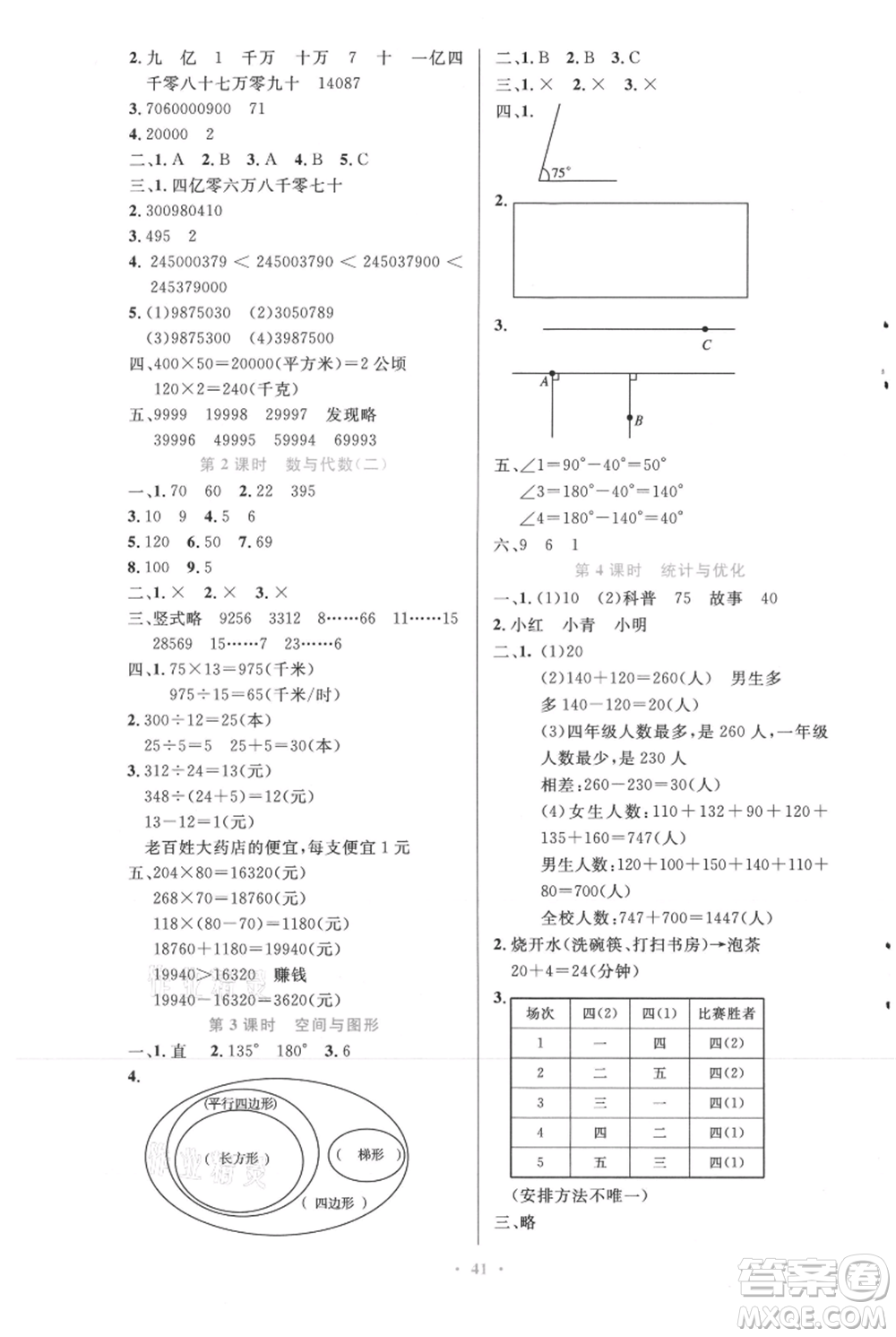 人民教育出版社2021小學(xué)同步測控優(yōu)化設(shè)計四年級上冊數(shù)學(xué)人教精編版參考答案