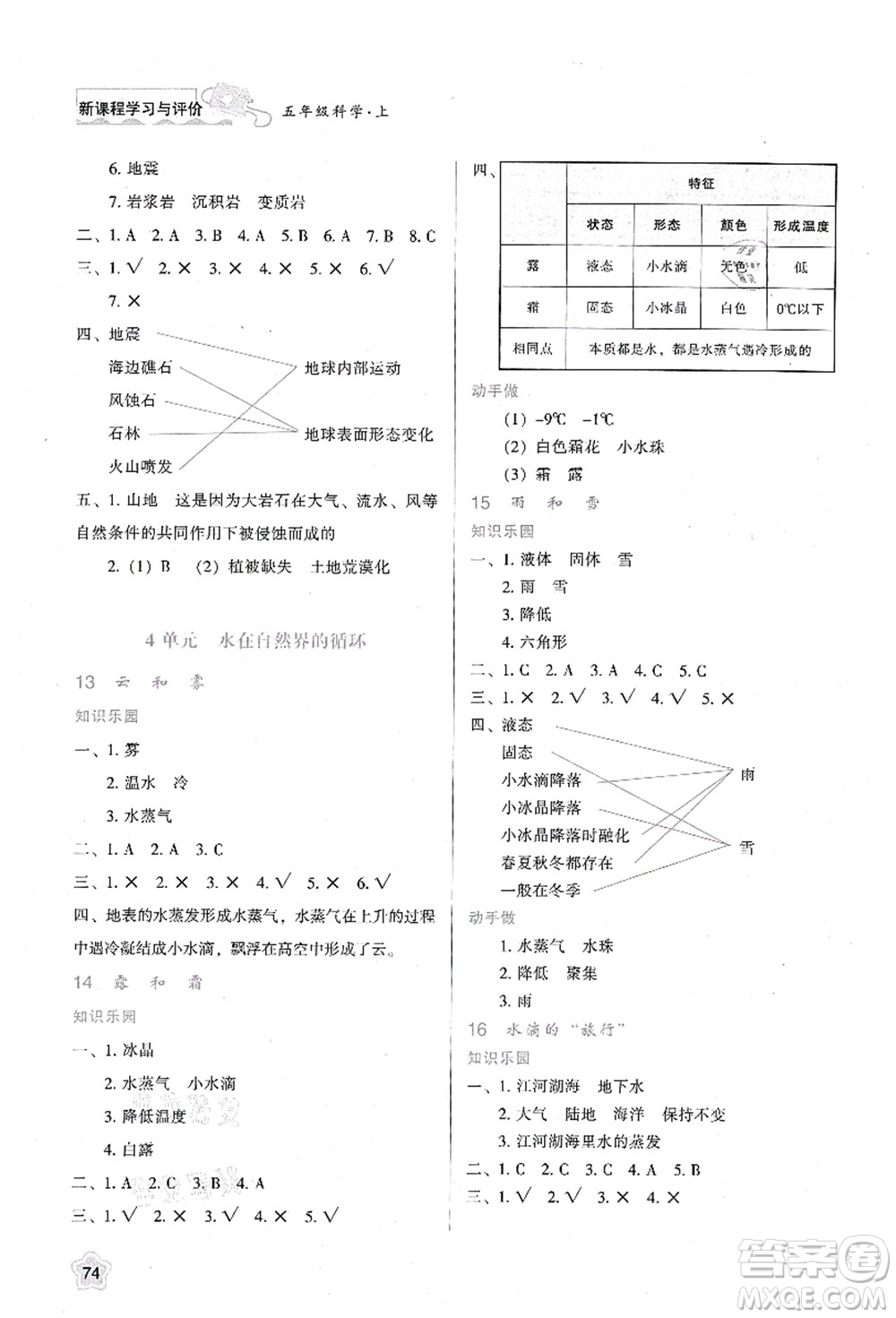 陜西人民教育出版社2021新課程學習與評價五年級科學上冊B版蘇教版答案