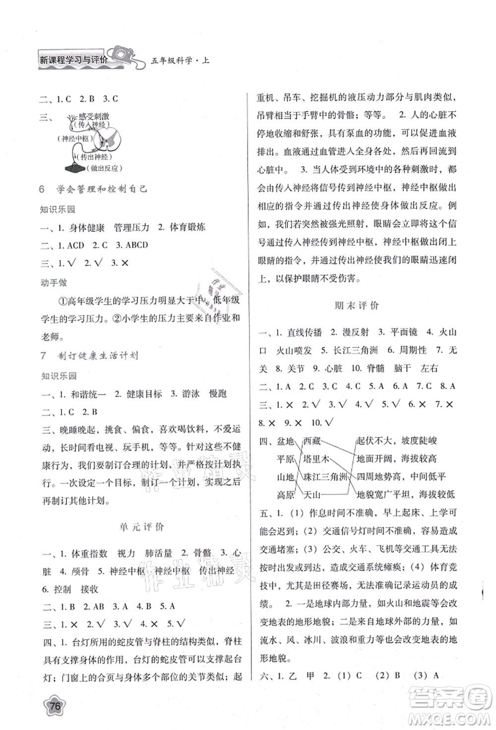 陜西人民教育出版社2021新課程學習與評價五年級科學上冊K版教科版答案