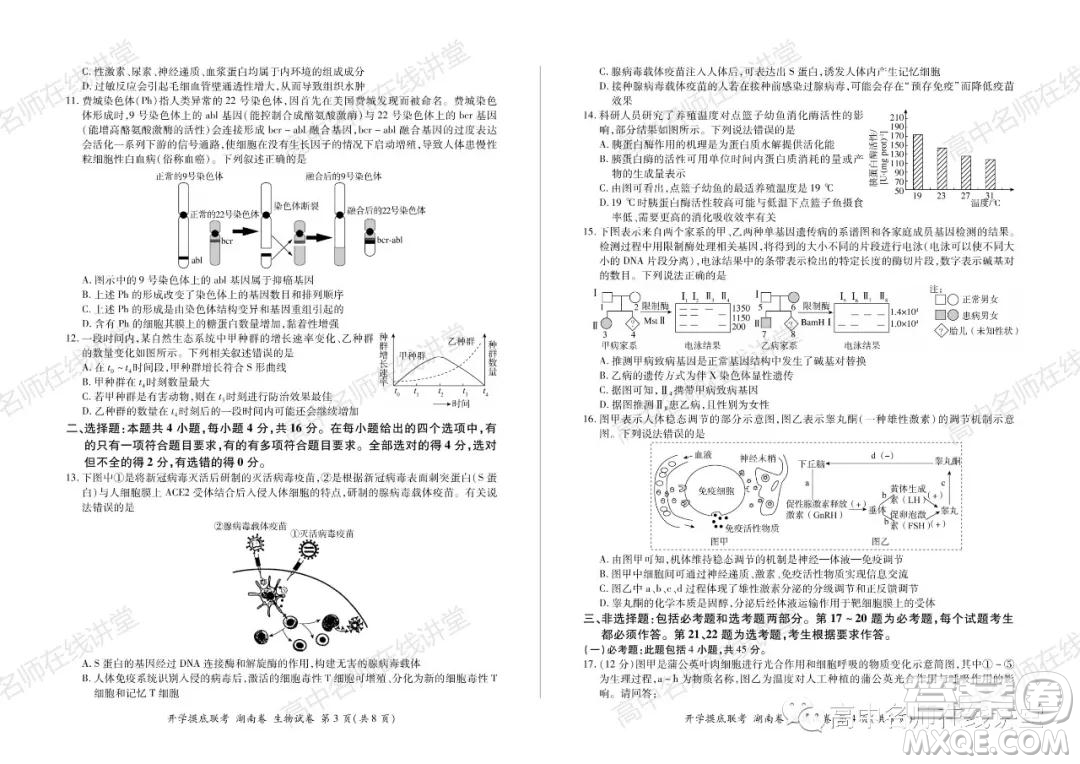 2022屆高三開學(xué)摸底聯(lián)考新高考I卷湖南卷生物試卷及答案