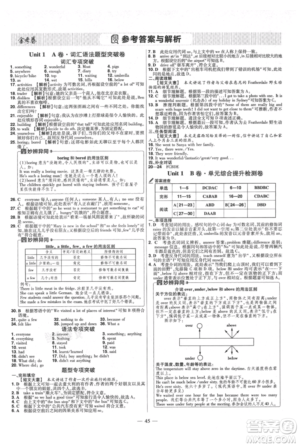 延邊教育出版社2021金考卷活頁(yè)題選初中同步單元雙測(cè)卷八年級(jí)上冊(cè)英語(yǔ)人教版參考答案