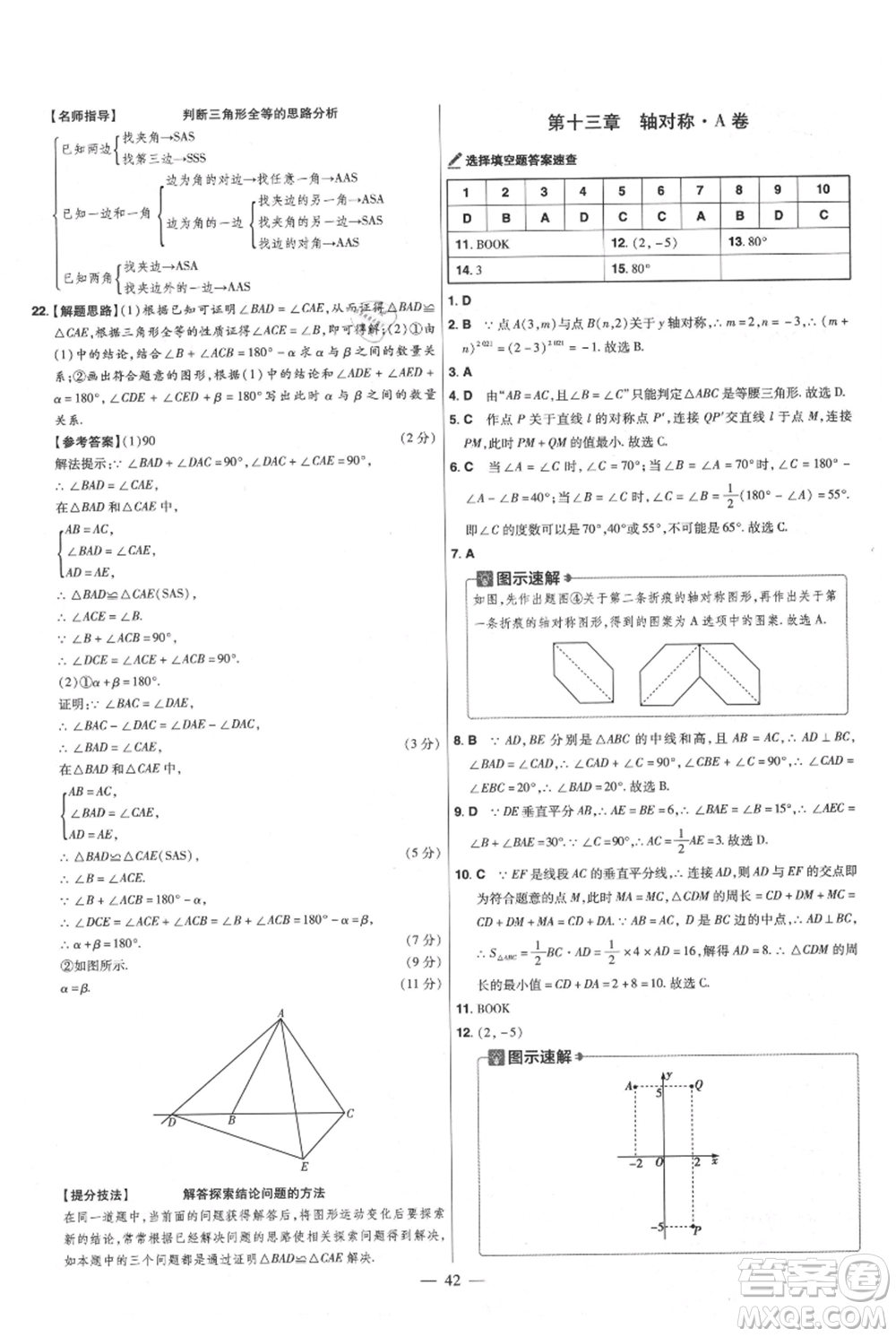 延邊教育出版社2021金考卷活頁題選初中同步單元雙測卷八年級上冊數(shù)學(xué)人教版參考答案