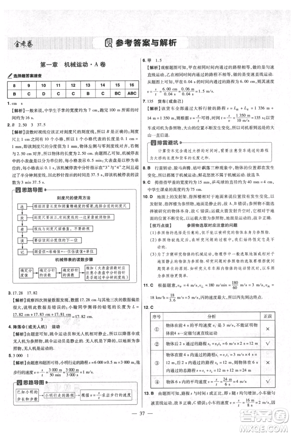 延邊教育出版社2021金考卷活頁題選初中同步單元雙測卷八年級上冊物理人教版參考答案