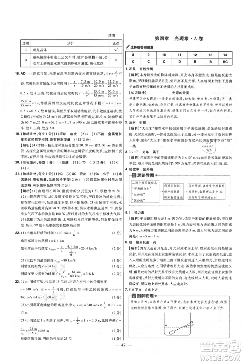 延邊教育出版社2021金考卷活頁題選初中同步單元雙測卷八年級上冊物理人教版參考答案