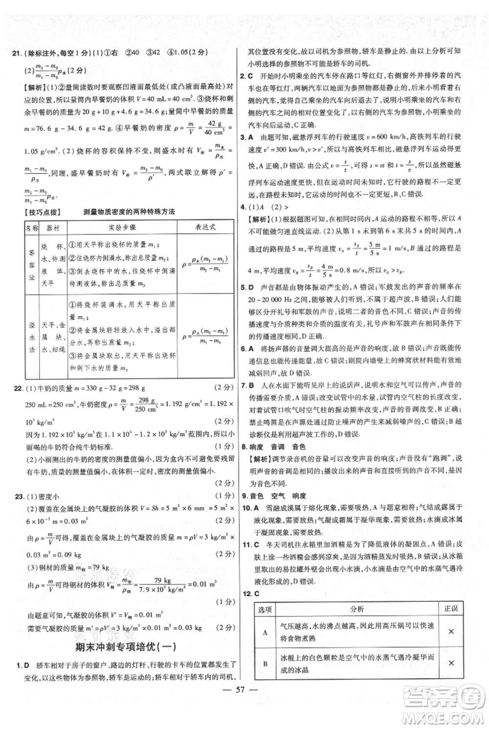 延邊教育出版社2021金考卷活頁題選初中同步單元雙測卷八年級上冊物理人教版參考答案