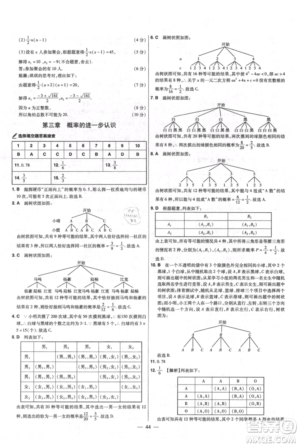 延邊教育出版社2021金考卷活頁題選初中同步單元雙測卷九年級上冊數(shù)學北師版參考答案