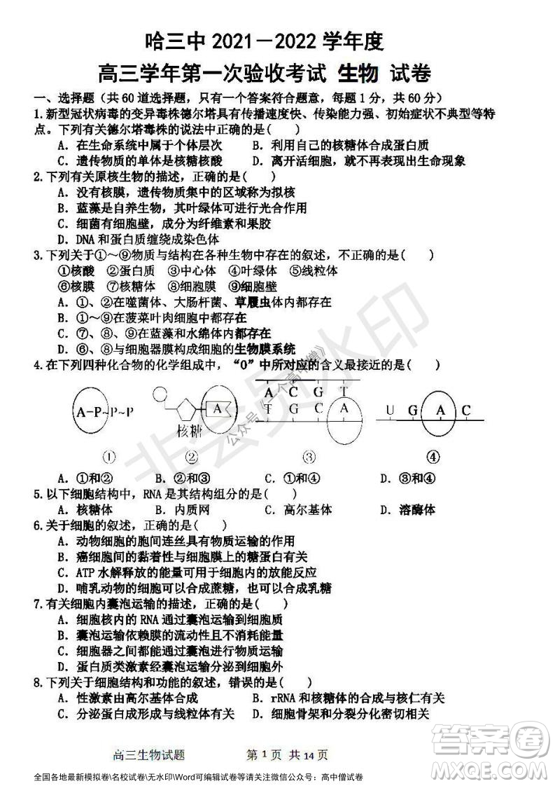 哈三中2021-2022學年度高三學年第一次驗收考試生物試卷及答案