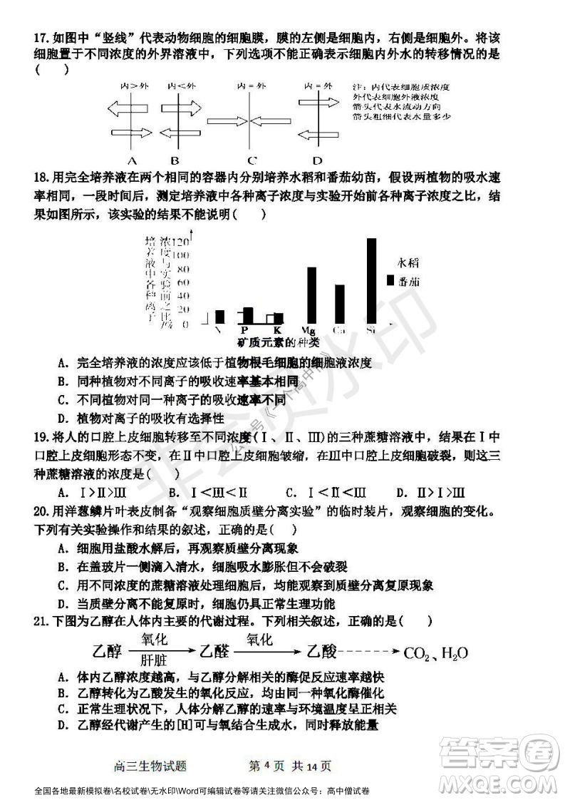 哈三中2021-2022學年度高三學年第一次驗收考試生物試卷及答案