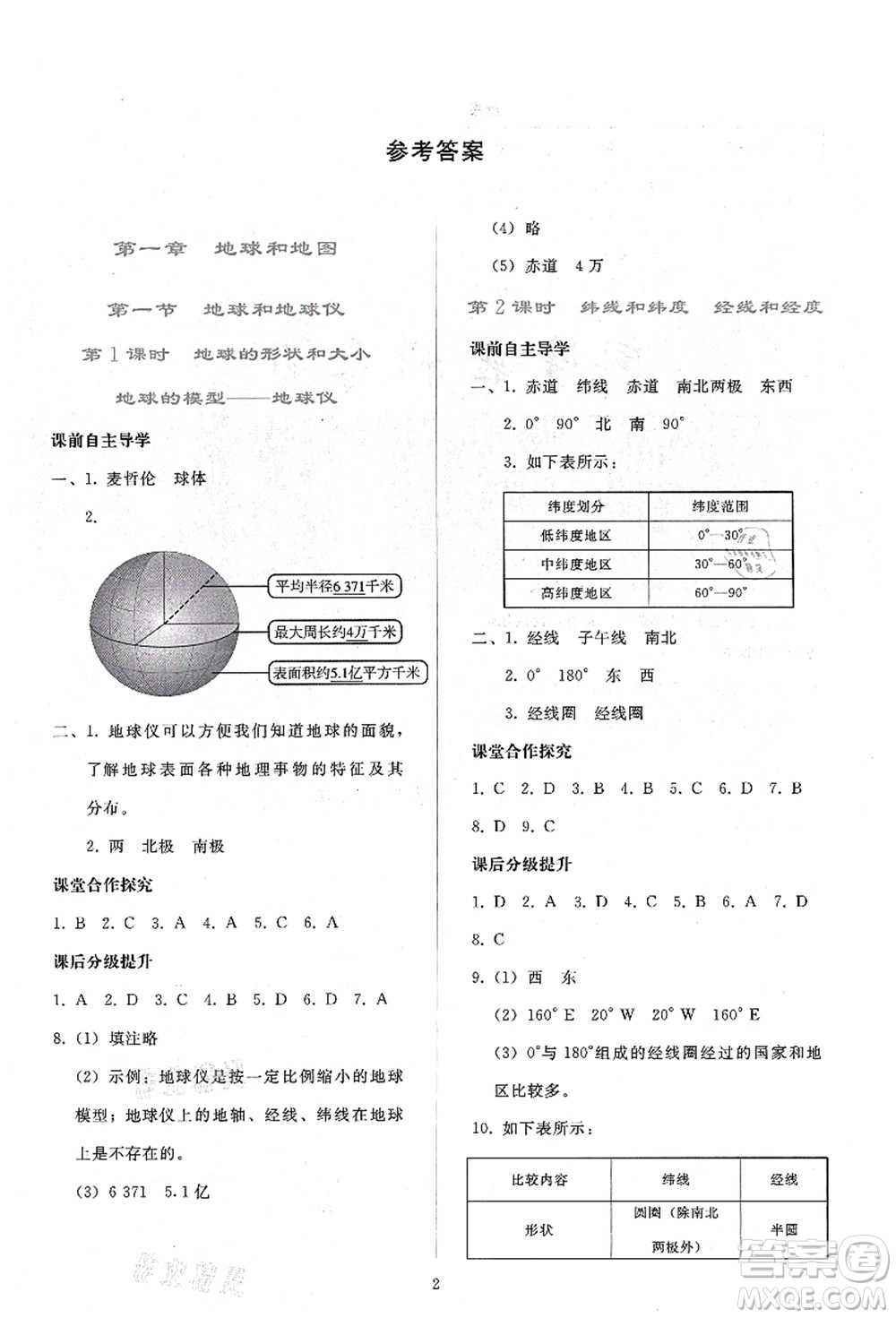 人民教育出版社2021同步輕松練習(xí)七年級地理上冊人教版答案