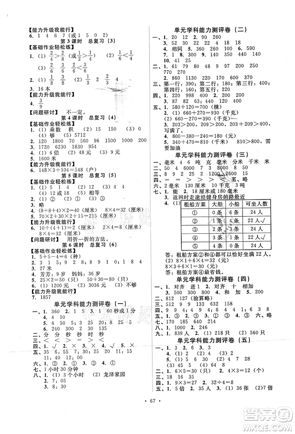 人民教育出版社2021能力培養(yǎng)與測試三年級數(shù)學上冊人教版湖南專版答案