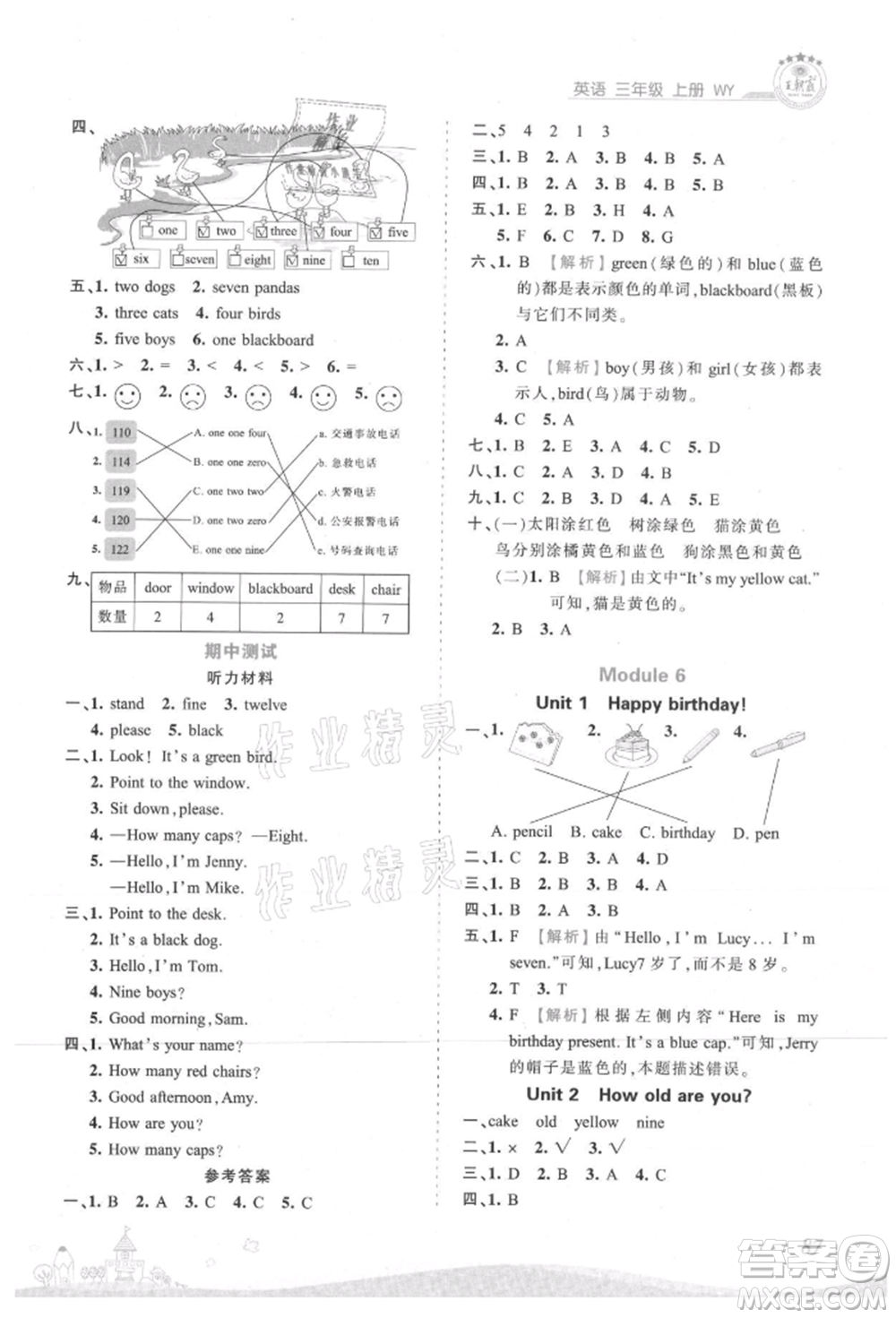 江西人民出版社2021王朝霞創(chuàng)維新課堂同步優(yōu)化訓(xùn)練三年級(jí)上冊(cè)英語外研版參考答案