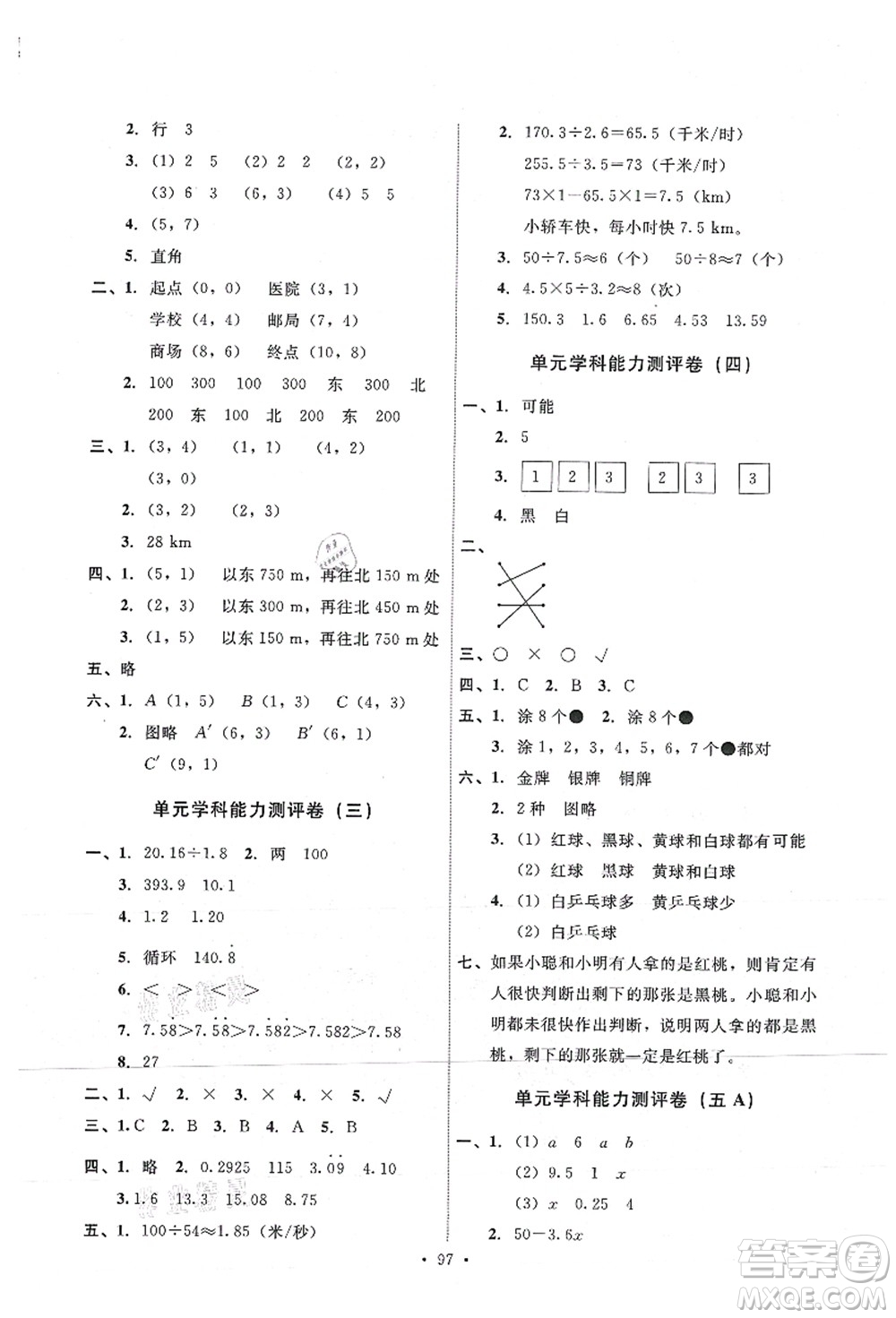 人民教育出版社2021能力培養(yǎng)與測試五年級數(shù)學(xué)上冊人教版答案