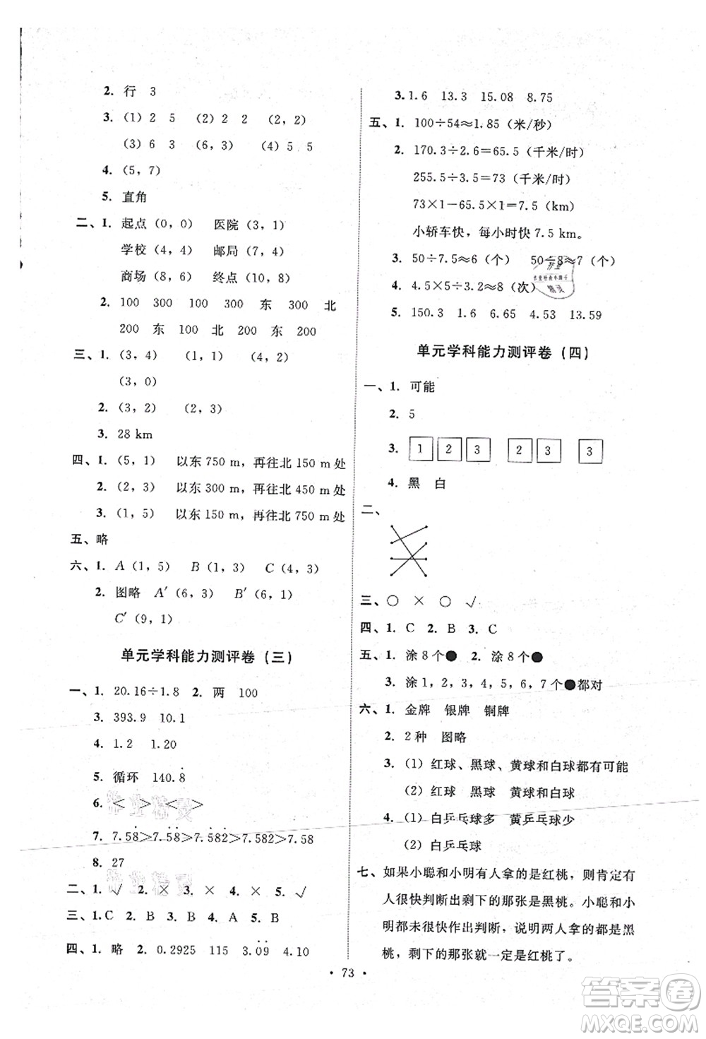 人民教育出版社2021能力培養(yǎng)與測試五年級數(shù)學(xué)上冊人教版湖南專版答案