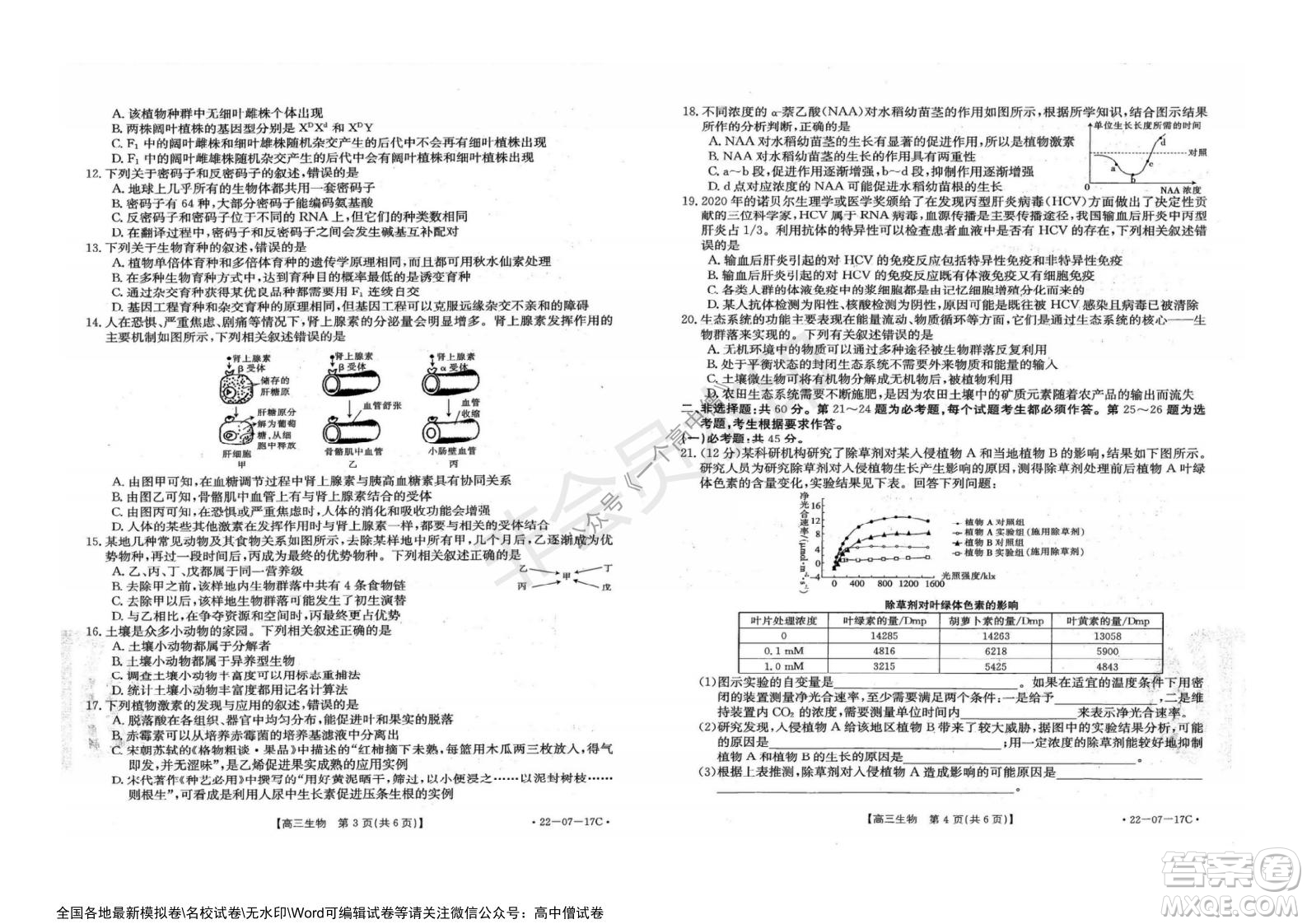 2022屆重慶金太陽(yáng)高三9月聯(lián)考生物試題及答案