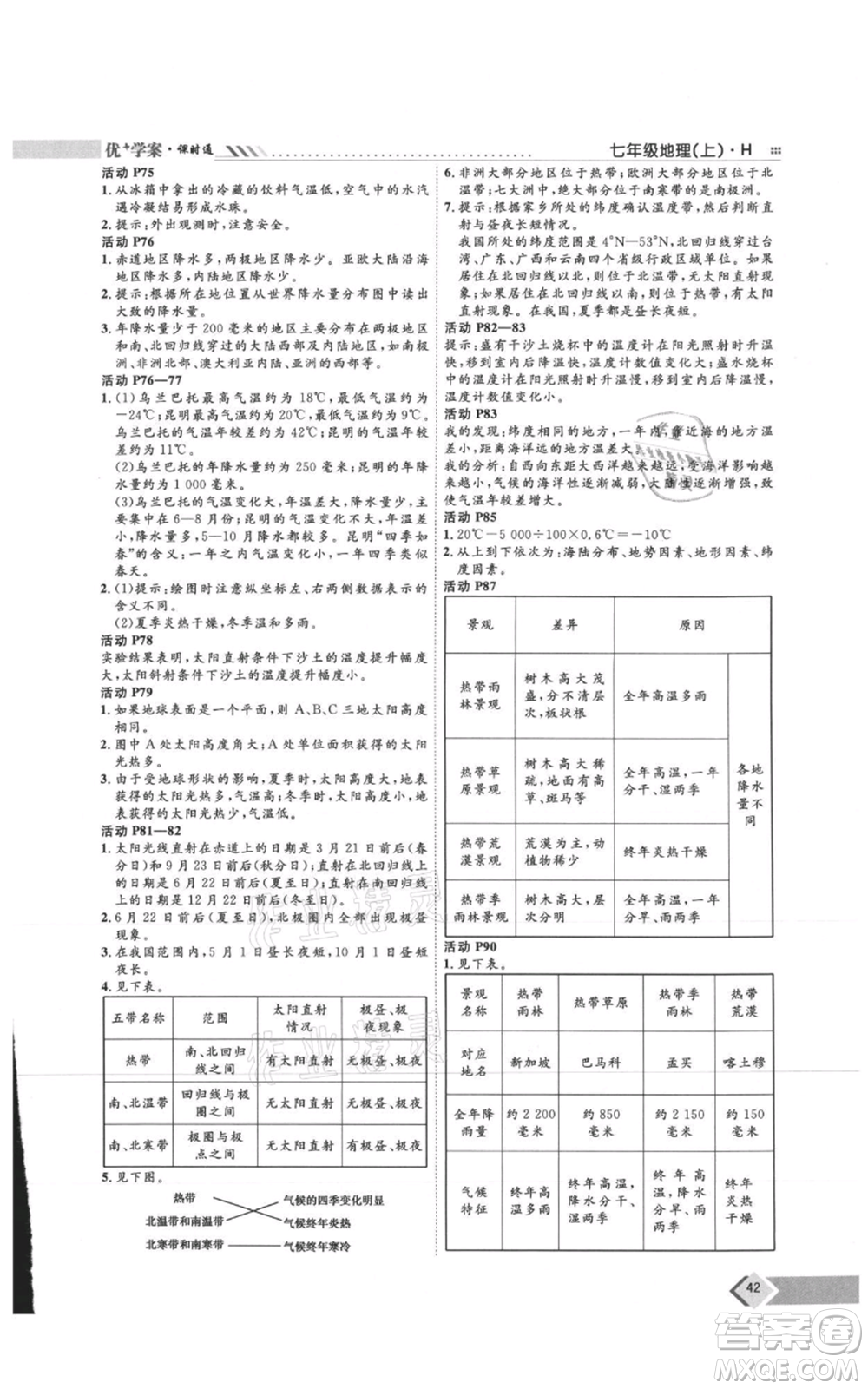 吉林教育出版社2021優(yōu)+學案課時通七年級上冊地理湘教版H版參考答案