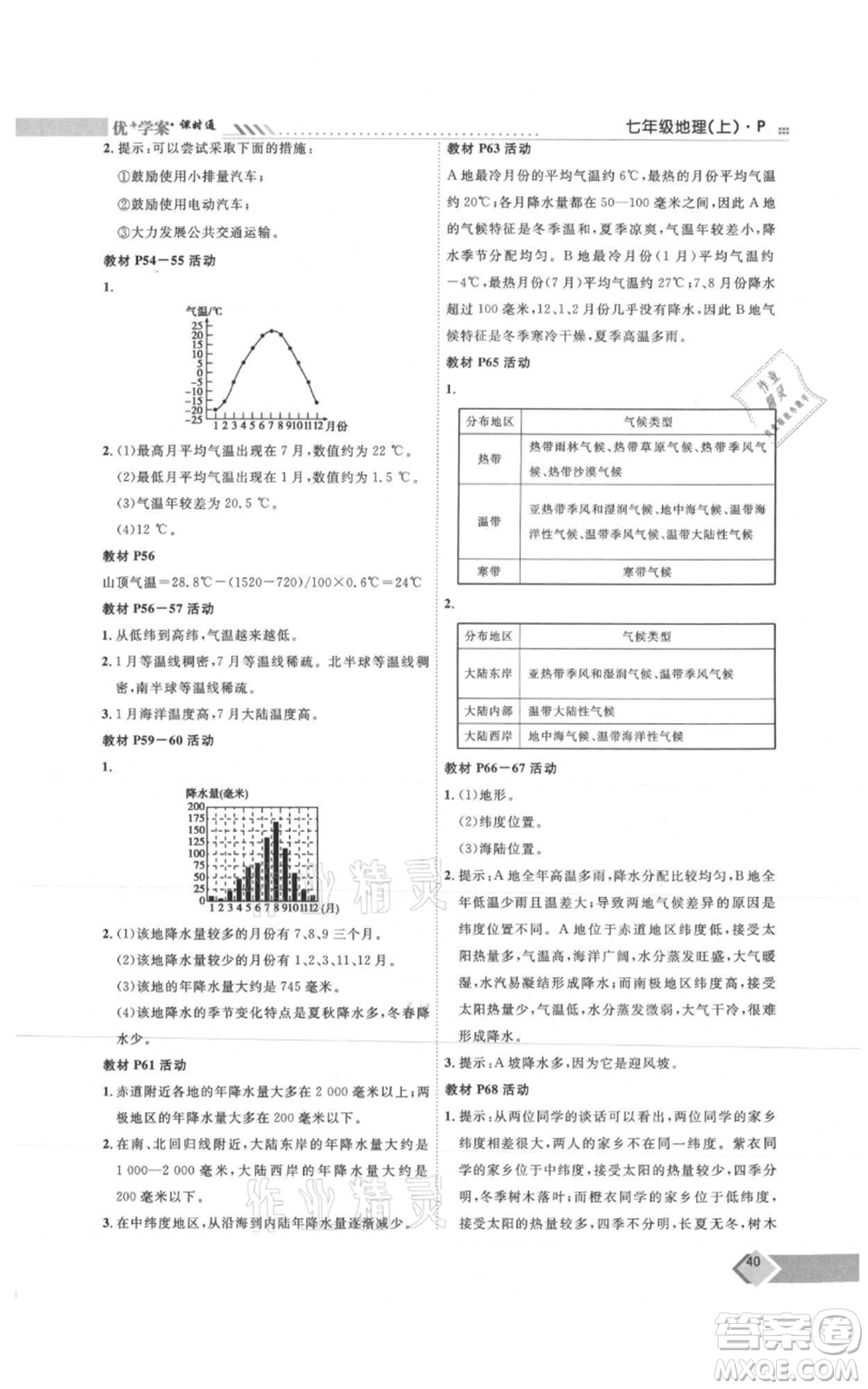 吉林教育出版社2021優(yōu)+學案課時通七年級上冊地理人教版P版參考答案