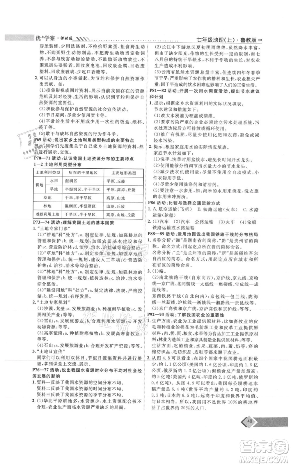 吉林教育出版社2021優(yōu)+學(xué)案課時通七年級上冊地理魯教版參考答案