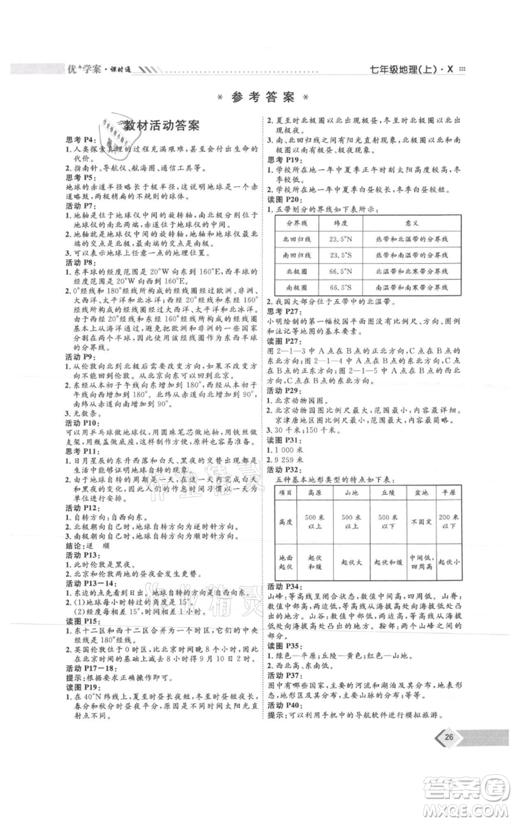 吉林教育出版社2021優(yōu)+學案課時通七年級上冊地理商務星球版X版參考答案