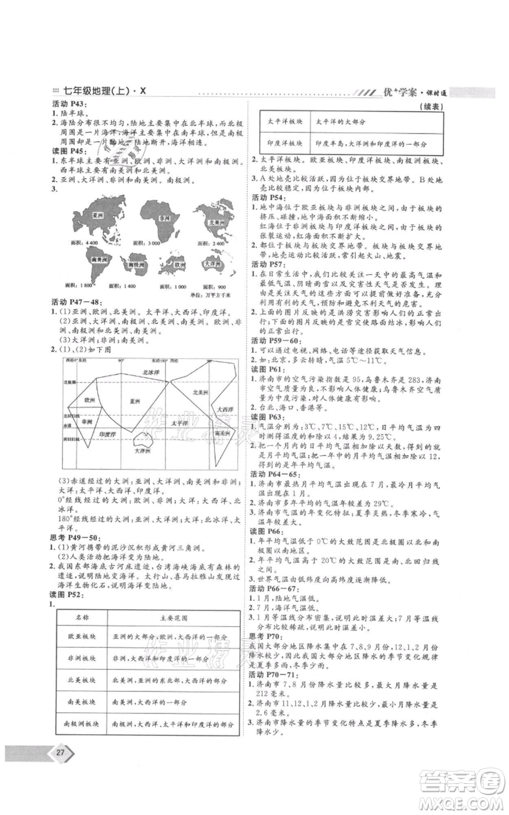 吉林教育出版社2021優(yōu)+學案課時通七年級上冊地理商務星球版X版參考答案