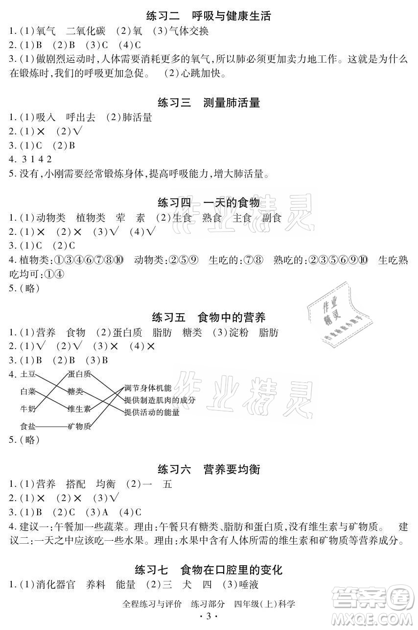 浙江人民出版社2021全程練習與評價四年級上冊科學教科版答案