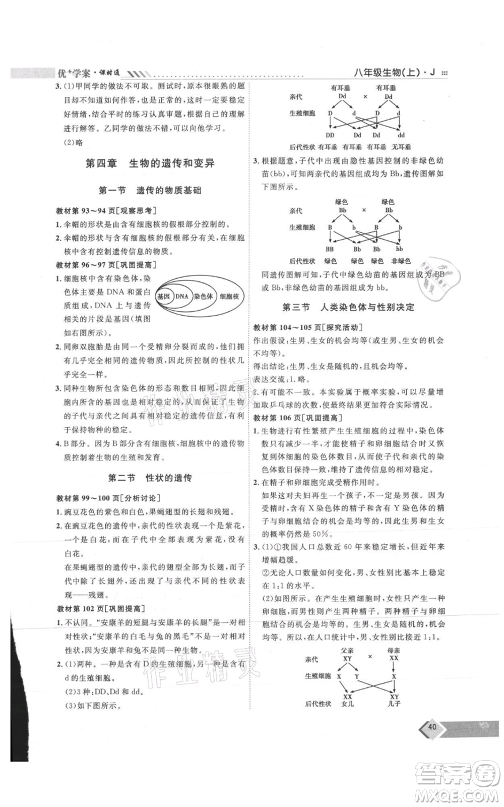 吉林教育出版社2021優(yōu)+學(xué)案課時(shí)通八年級(jí)上冊(cè)生物濟(jì)南版J版參考答案