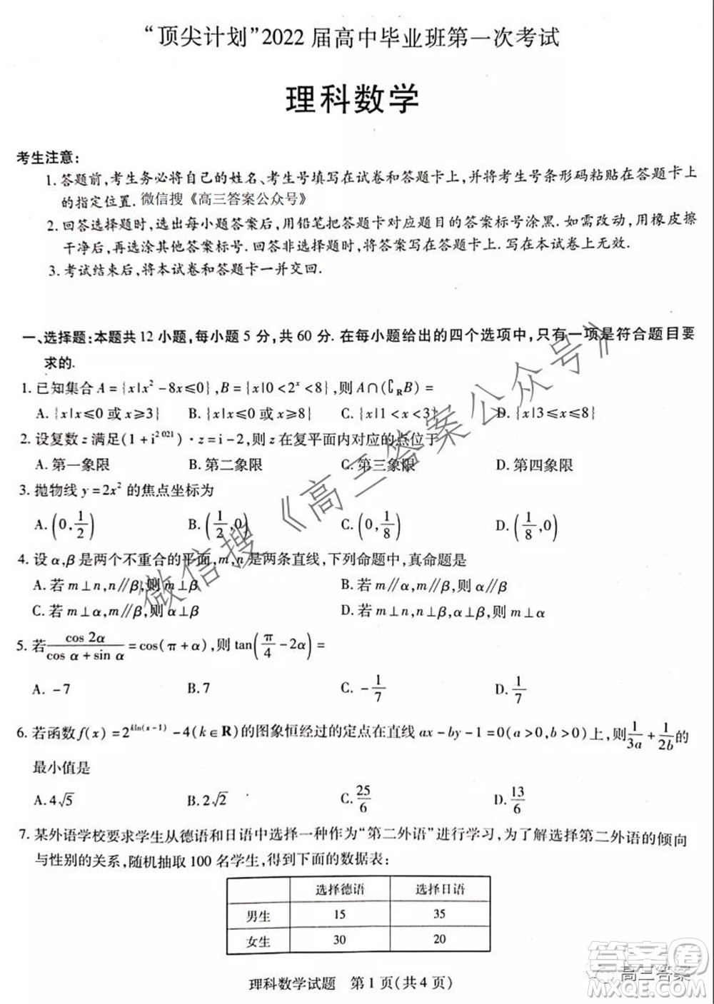 頂尖計劃2022屆高中畢業(yè)班第一次考試理科數(shù)學(xué)試題及答案