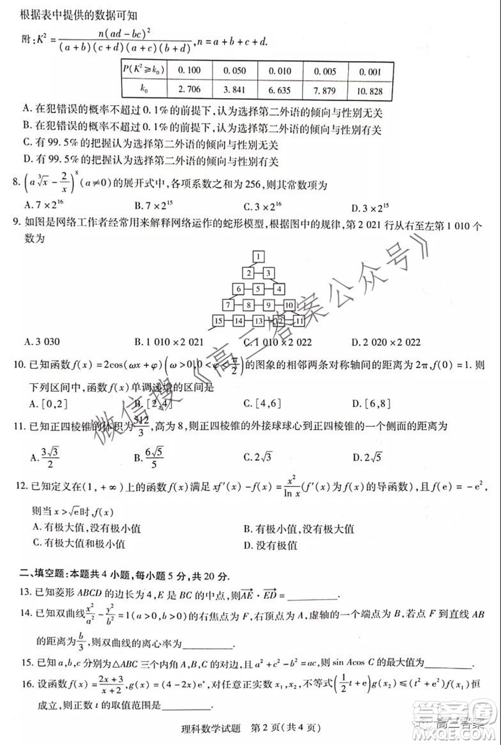 頂尖計劃2022屆高中畢業(yè)班第一次考試理科數(shù)學(xué)試題及答案