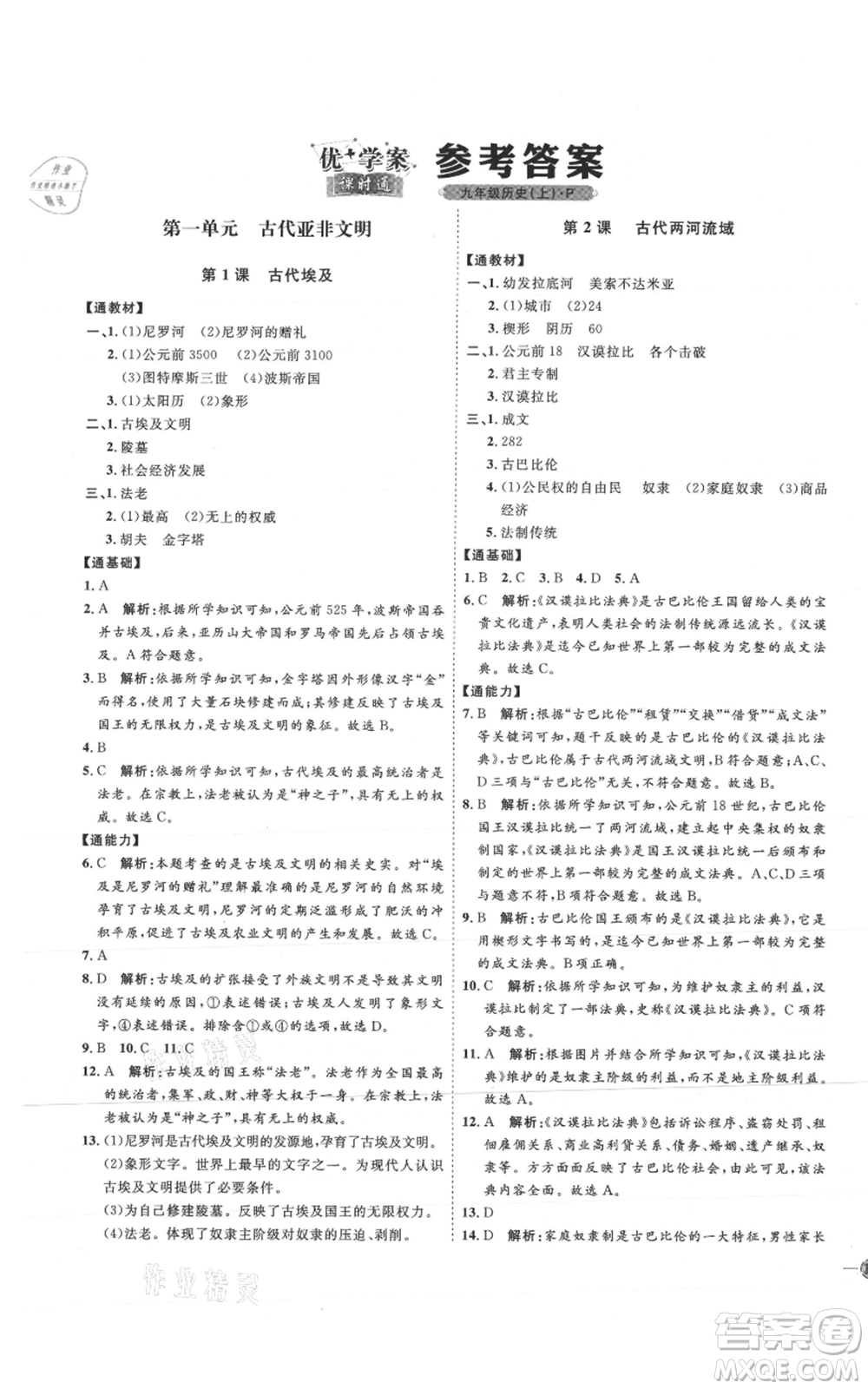 延邊教育出版社2021優(yōu)+學(xué)案課時(shí)通九年級(jí)上冊(cè)歷史人教版P版參考答案